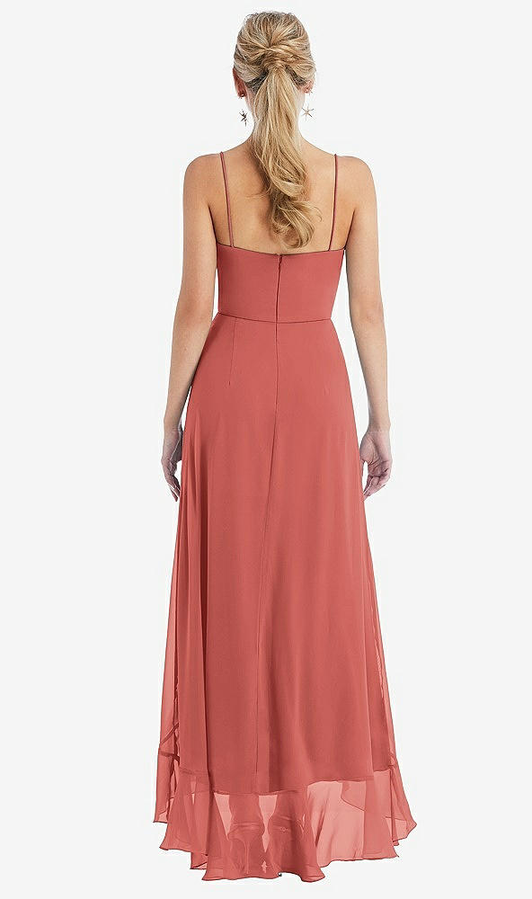 Back View - Coral Pink Scoop Neck Ruffle-Trimmed High Low Maxi Dress