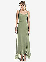 Front View Thumbnail - Sage Scoop Neck Ruffle-Trimmed High Low Maxi Dress