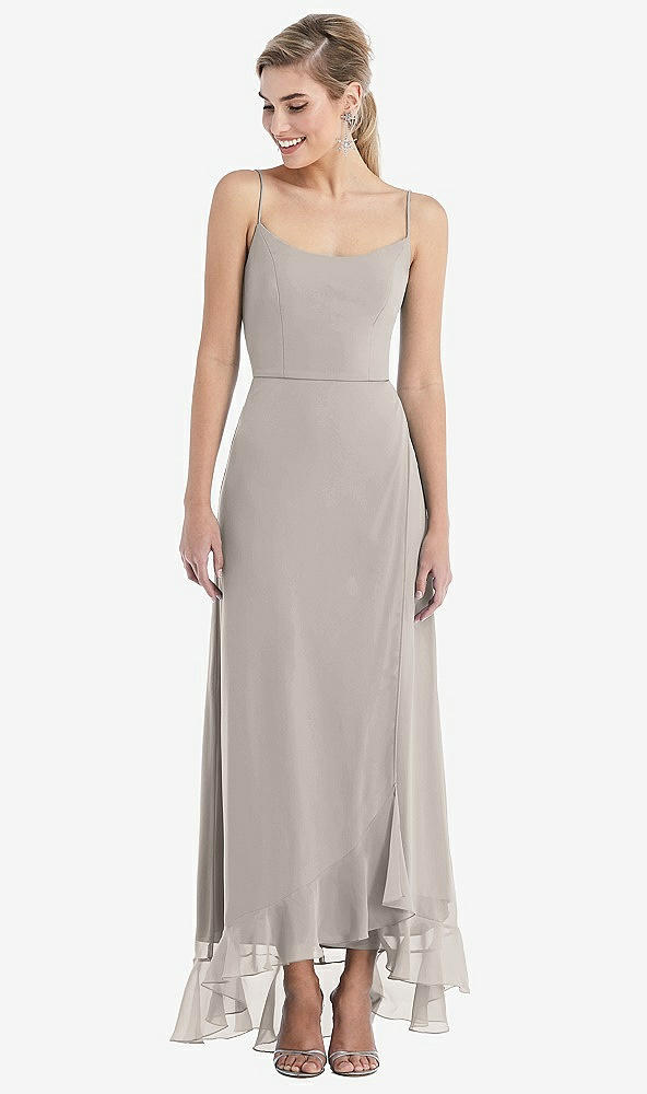 Front View - Taupe Scoop Neck Ruffle-Trimmed High Low Maxi Dress