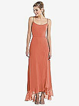 Front View Thumbnail - Terracotta Copper Scoop Neck Ruffle-Trimmed High Low Maxi Dress