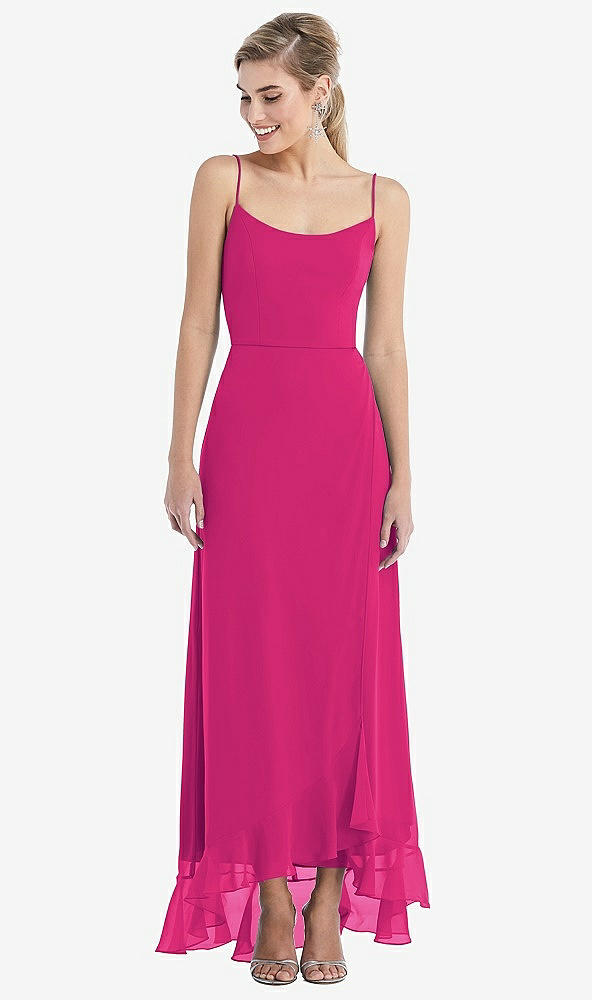 Front View - Think Pink Scoop Neck Ruffle-Trimmed High Low Maxi Dress