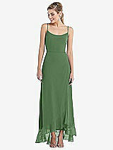 Front View Thumbnail - Vineyard Green Scoop Neck Ruffle-Trimmed High Low Maxi Dress