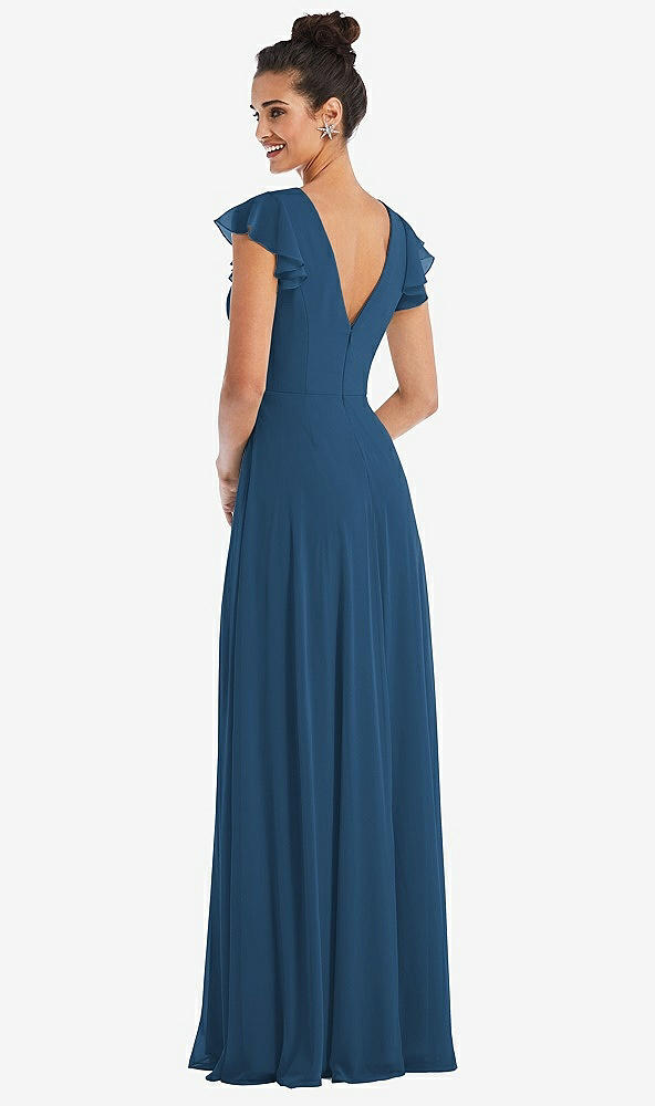 Back View - Dusk Blue Flutter Sleeve V-Keyhole Chiffon Maxi Dress