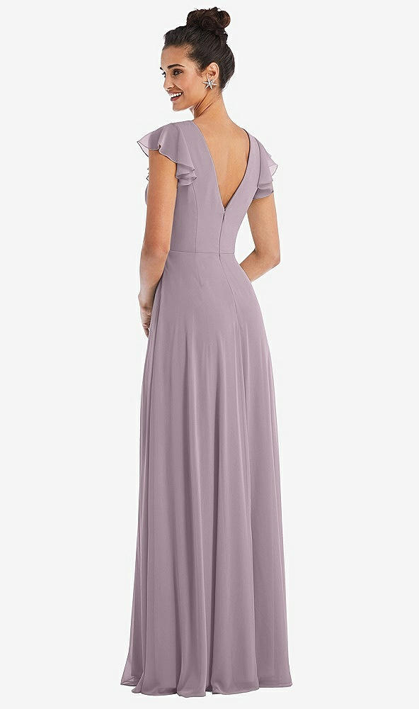 Back View - Lilac Dusk Flutter Sleeve V-Keyhole Chiffon Maxi Dress