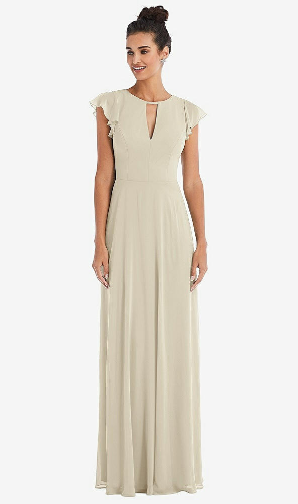 Front View - Champagne Flutter Sleeve V-Keyhole Chiffon Maxi Dress
