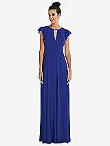 Front View Thumbnail - Cobalt Blue Flutter Sleeve V-Keyhole Chiffon Maxi Dress