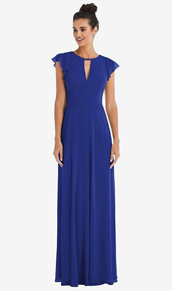 Front View - Cobalt Blue Flutter Sleeve V-Keyhole Chiffon Maxi Dress