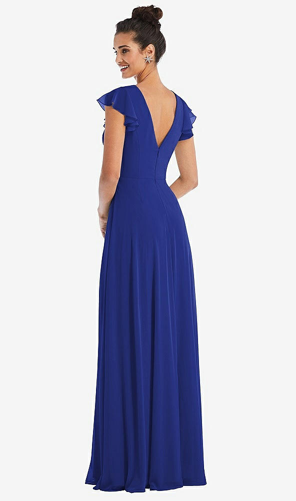Back View - Cobalt Blue Flutter Sleeve V-Keyhole Chiffon Maxi Dress