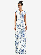 Front View Thumbnail - Cottage Rose Dusk Blue Flutter Sleeve V-Keyhole Chiffon Maxi Dress