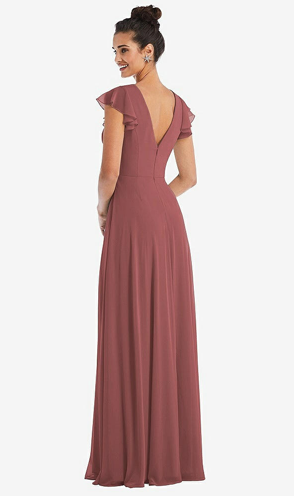 Back View - English Rose Flutter Sleeve V-Keyhole Chiffon Maxi Dress