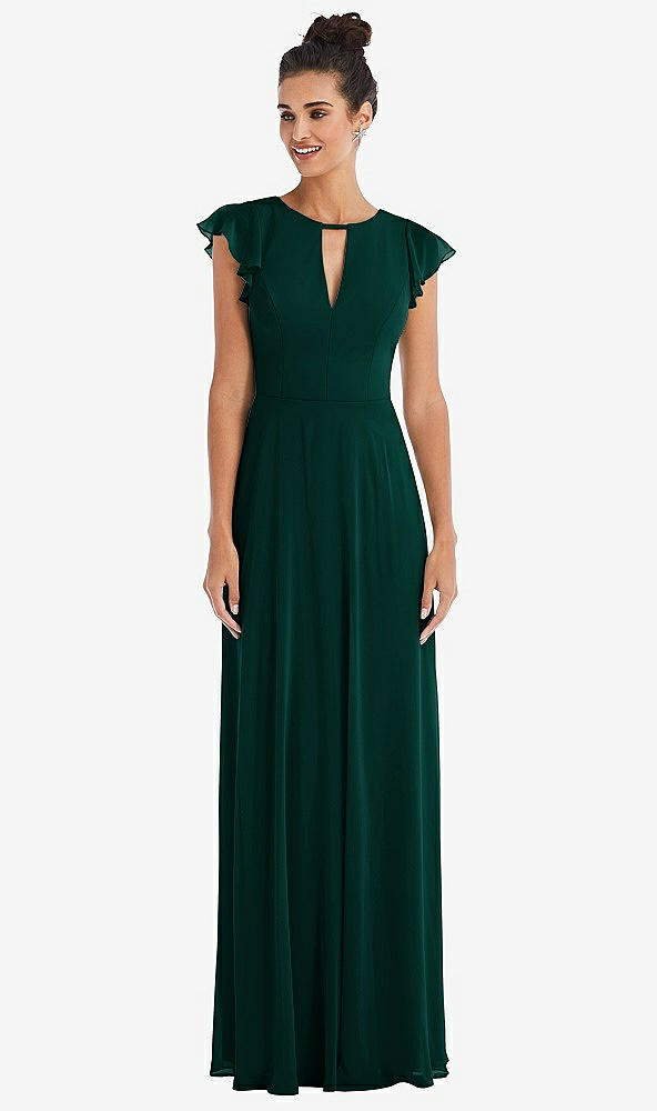 Front View - Evergreen Flutter Sleeve V-Keyhole Chiffon Maxi Dress
