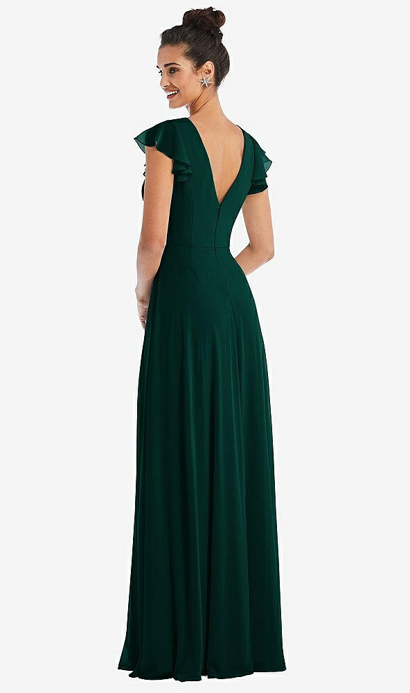 Back View - Evergreen Flutter Sleeve V-Keyhole Chiffon Maxi Dress