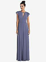 Front View Thumbnail - French Blue Flutter Sleeve V-Keyhole Chiffon Maxi Dress
