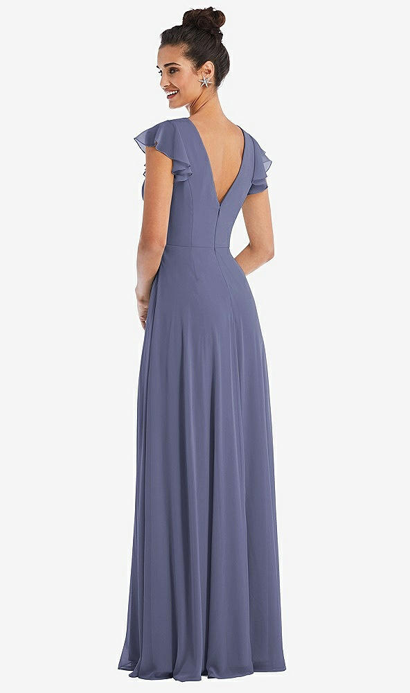 Back View - French Blue Flutter Sleeve V-Keyhole Chiffon Maxi Dress