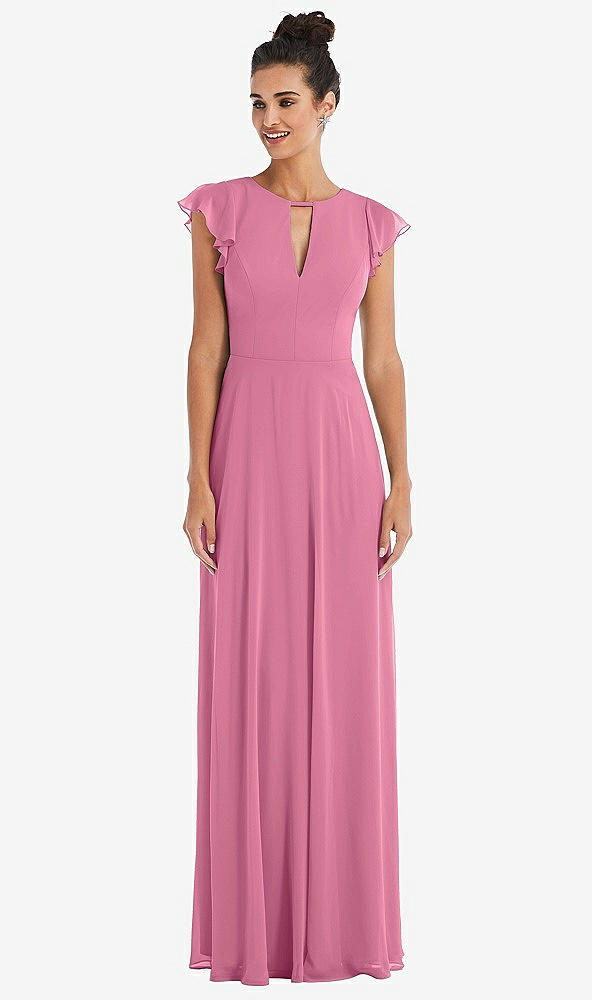 Front View - Orchid Pink Flutter Sleeve V-Keyhole Chiffon Maxi Dress