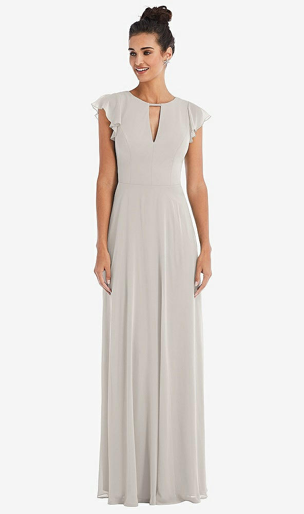 Front View - Oyster Flutter Sleeve V-Keyhole Chiffon Maxi Dress