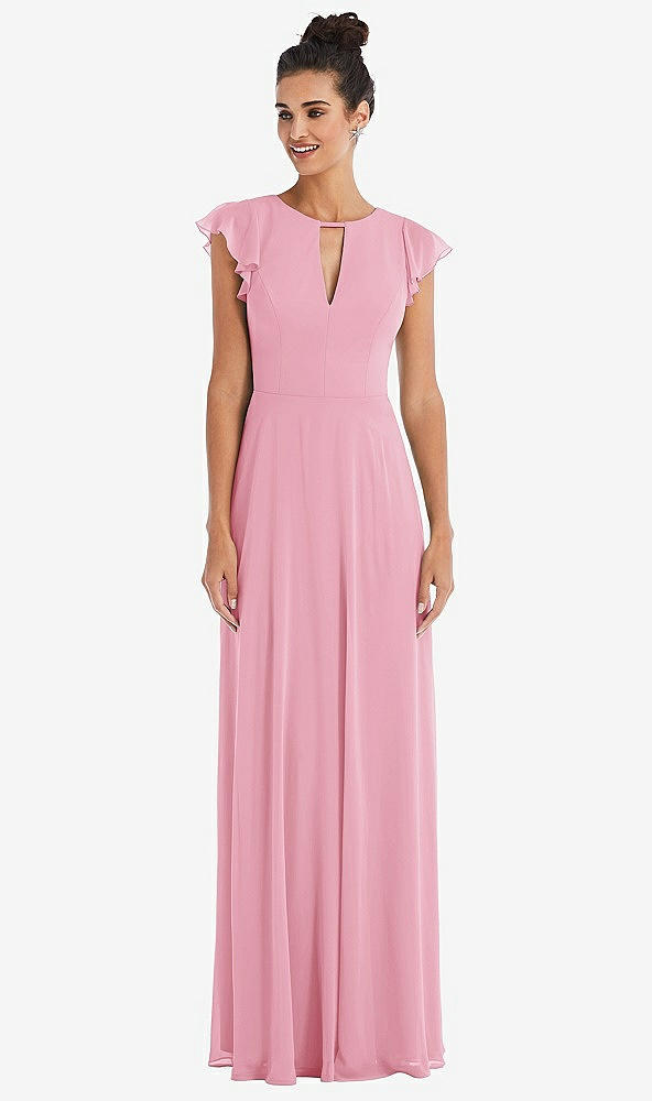 Front View - Peony Pink Flutter Sleeve V-Keyhole Chiffon Maxi Dress