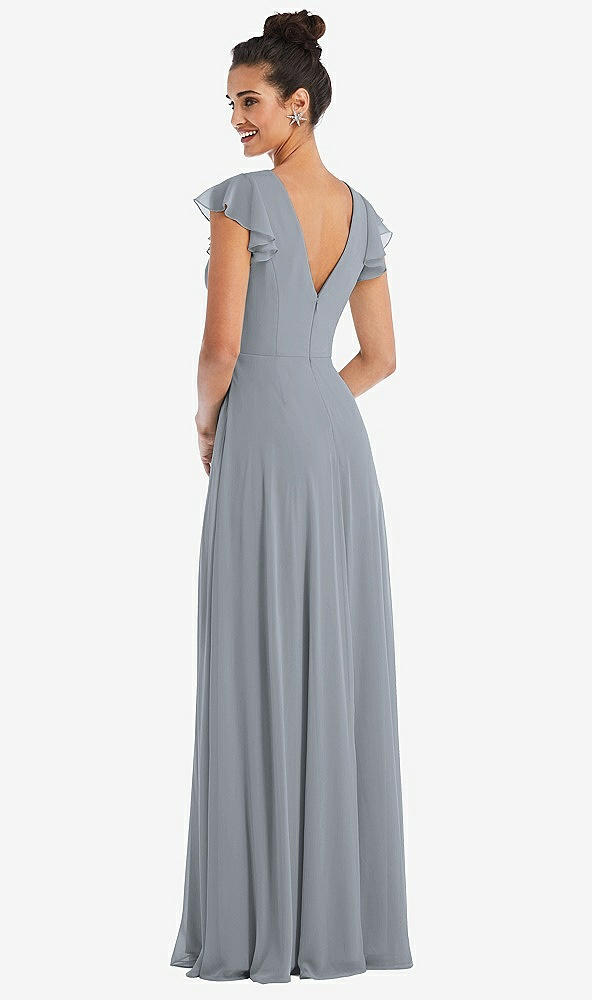 Back View - Platinum Flutter Sleeve V-Keyhole Chiffon Maxi Dress