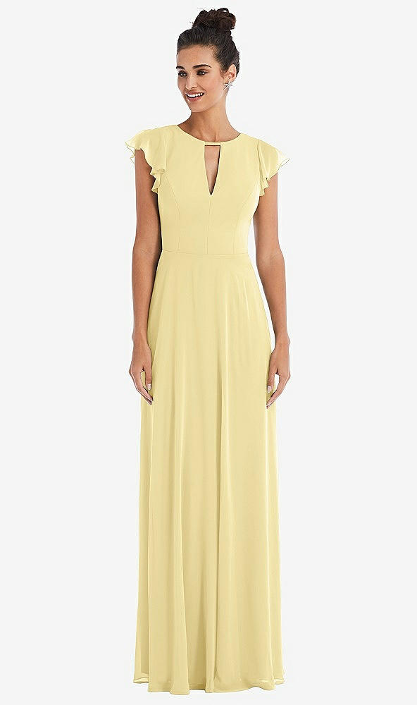 Front View - Pale Yellow Flutter Sleeve V-Keyhole Chiffon Maxi Dress