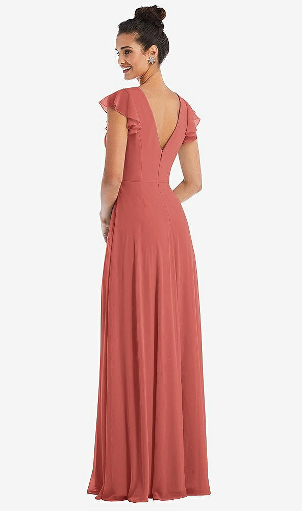 Back View - Coral Pink Flutter Sleeve V-Keyhole Chiffon Maxi Dress