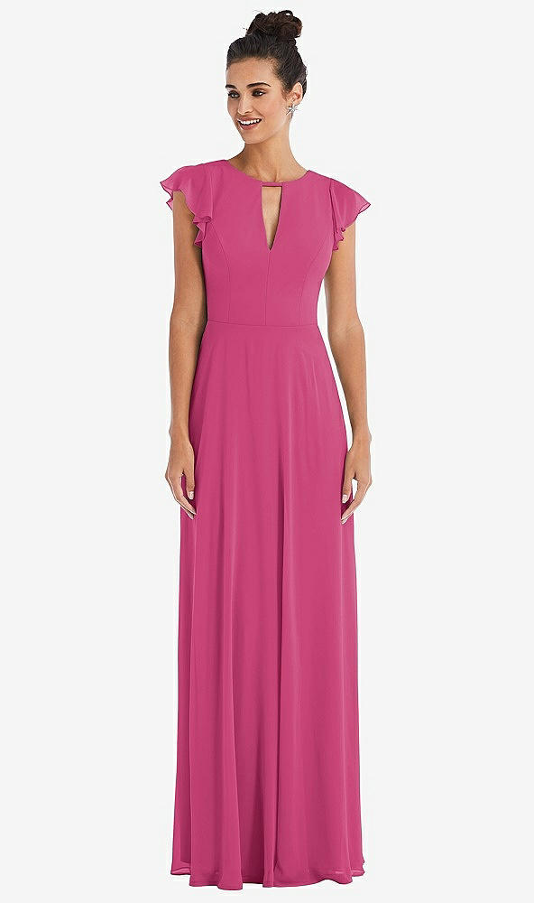 Front View - Tea Rose Flutter Sleeve V-Keyhole Chiffon Maxi Dress