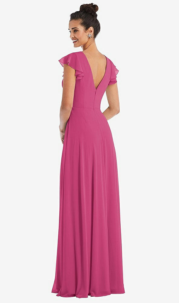 Back View - Tea Rose Flutter Sleeve V-Keyhole Chiffon Maxi Dress