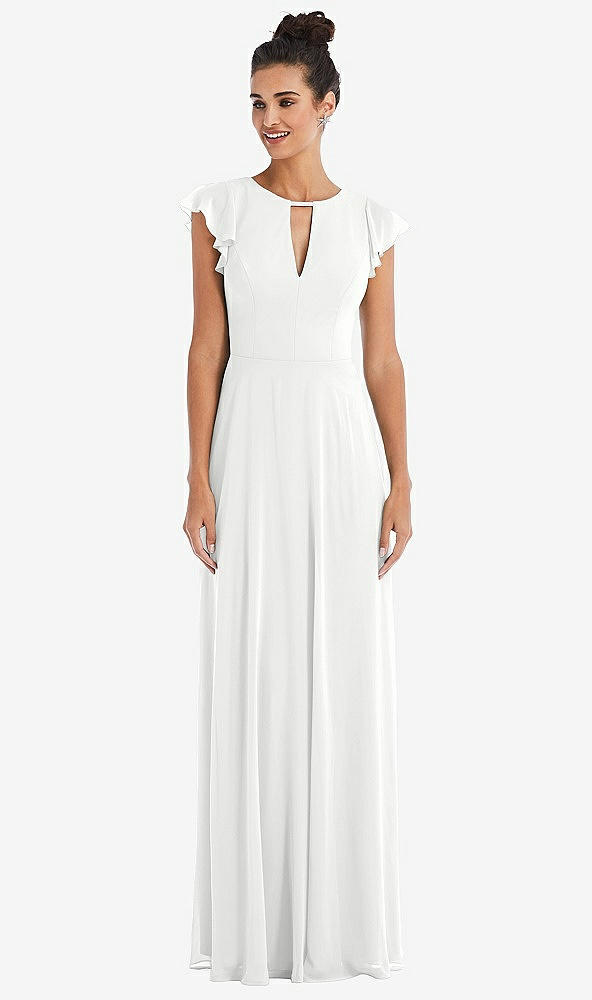 Front View - White Flutter Sleeve V-Keyhole Chiffon Maxi Dress