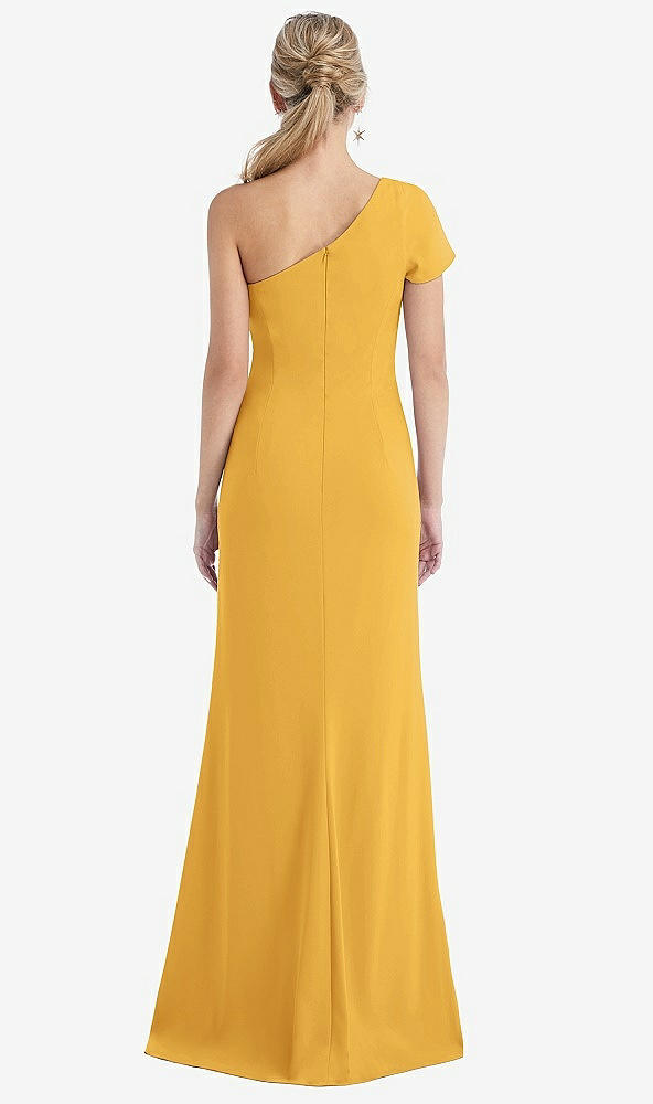 Back View - NYC Yellow One-Shoulder Cap Sleeve Trumpet Gown with Front Slit