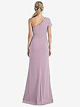Rear View Thumbnail - Suede Rose One-Shoulder Cap Sleeve Trumpet Gown with Front Slit