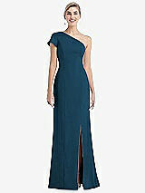 Front View Thumbnail - Atlantic Blue One-Shoulder Cap Sleeve Trumpet Gown with Front Slit