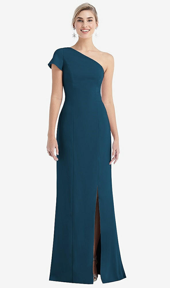 Front View - Atlantic Blue One-Shoulder Cap Sleeve Trumpet Gown with Front Slit