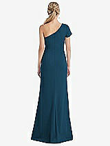 Rear View Thumbnail - Atlantic Blue One-Shoulder Cap Sleeve Trumpet Gown with Front Slit