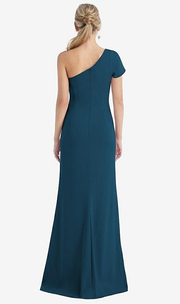 Back View - Atlantic Blue One-Shoulder Cap Sleeve Trumpet Gown with Front Slit