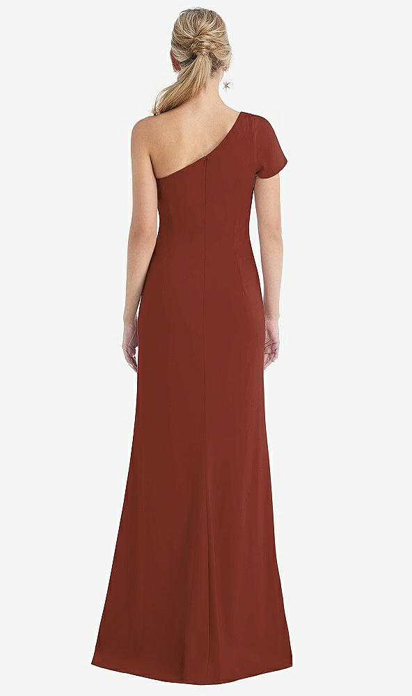Back View - Auburn Moon One-Shoulder Cap Sleeve Trumpet Gown with Front Slit