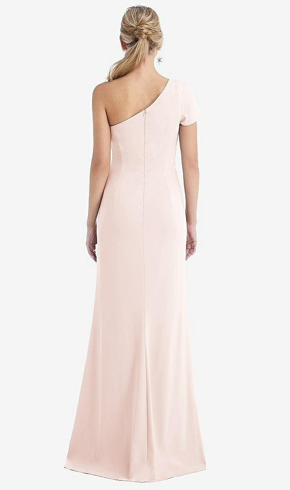 Back View - Blush One-Shoulder Cap Sleeve Trumpet Gown with Front Slit