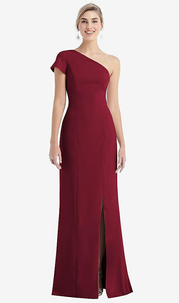 Front View - Burgundy One-Shoulder Cap Sleeve Trumpet Gown with Front Slit
