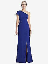 Front View Thumbnail - Cobalt Blue One-Shoulder Cap Sleeve Trumpet Gown with Front Slit