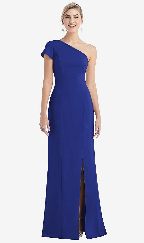 Front View - Cobalt Blue One-Shoulder Cap Sleeve Trumpet Gown with Front Slit