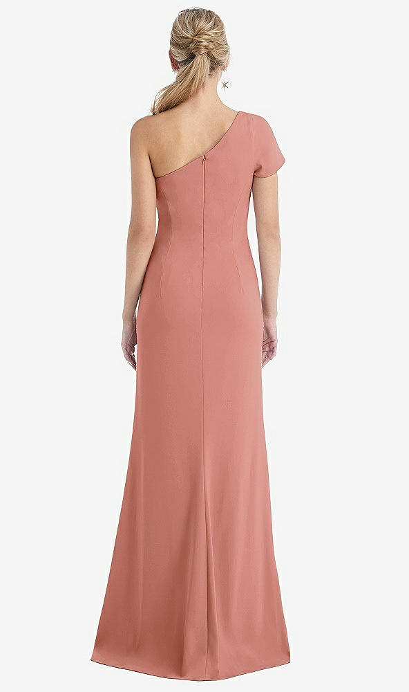 Back View - Desert Rose One-Shoulder Cap Sleeve Trumpet Gown with Front Slit