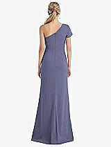 Rear View Thumbnail - French Blue One-Shoulder Cap Sleeve Trumpet Gown with Front Slit