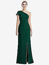 Front View Thumbnail - Hunter Green One-Shoulder Cap Sleeve Trumpet Gown with Front Slit