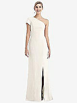 Front View Thumbnail - Ivory One-Shoulder Cap Sleeve Trumpet Gown with Front Slit