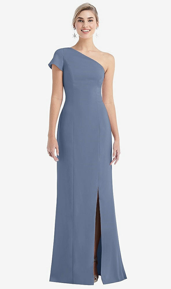 Front View - Larkspur Blue One-Shoulder Cap Sleeve Trumpet Gown with Front Slit
