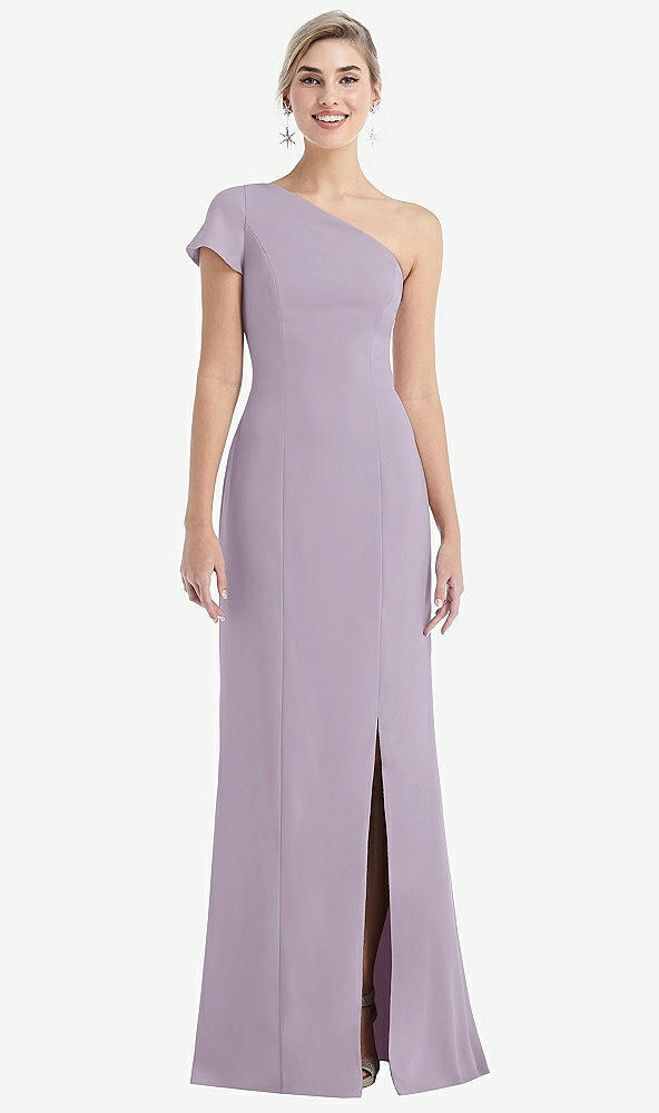 Front View - Lilac Haze One-Shoulder Cap Sleeve Trumpet Gown with Front Slit