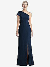 Front View Thumbnail - Midnight Navy One-Shoulder Cap Sleeve Trumpet Gown with Front Slit