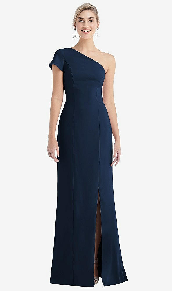 Front View - Midnight Navy One-Shoulder Cap Sleeve Trumpet Gown with Front Slit