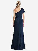 Rear View Thumbnail - Midnight Navy One-Shoulder Cap Sleeve Trumpet Gown with Front Slit