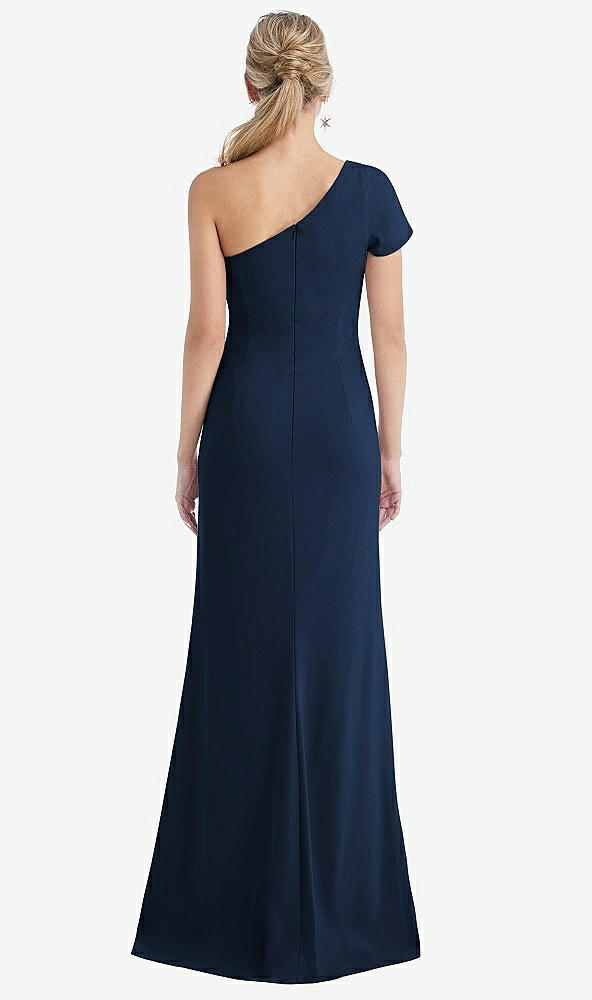 Back View - Midnight Navy One-Shoulder Cap Sleeve Trumpet Gown with Front Slit