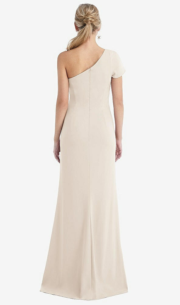 Back View - Oat One-Shoulder Cap Sleeve Trumpet Gown with Front Slit