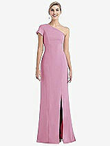 Front View Thumbnail - Powder Pink One-Shoulder Cap Sleeve Trumpet Gown with Front Slit